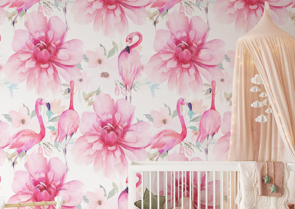 Flamingoes & Flowers Pink Wallpaper - Wall Funk