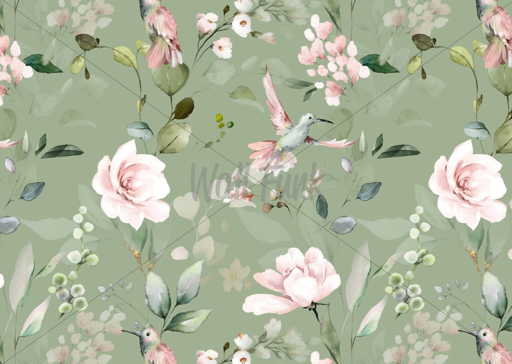 Green Hummingbirds Floral Wallpaper Sample - Wall Funk