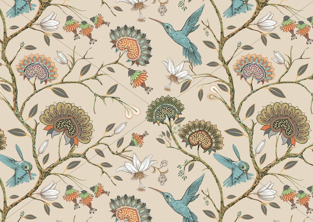 Hummingbirds Vintage Floral Wallpaper Sample - Wall Funk