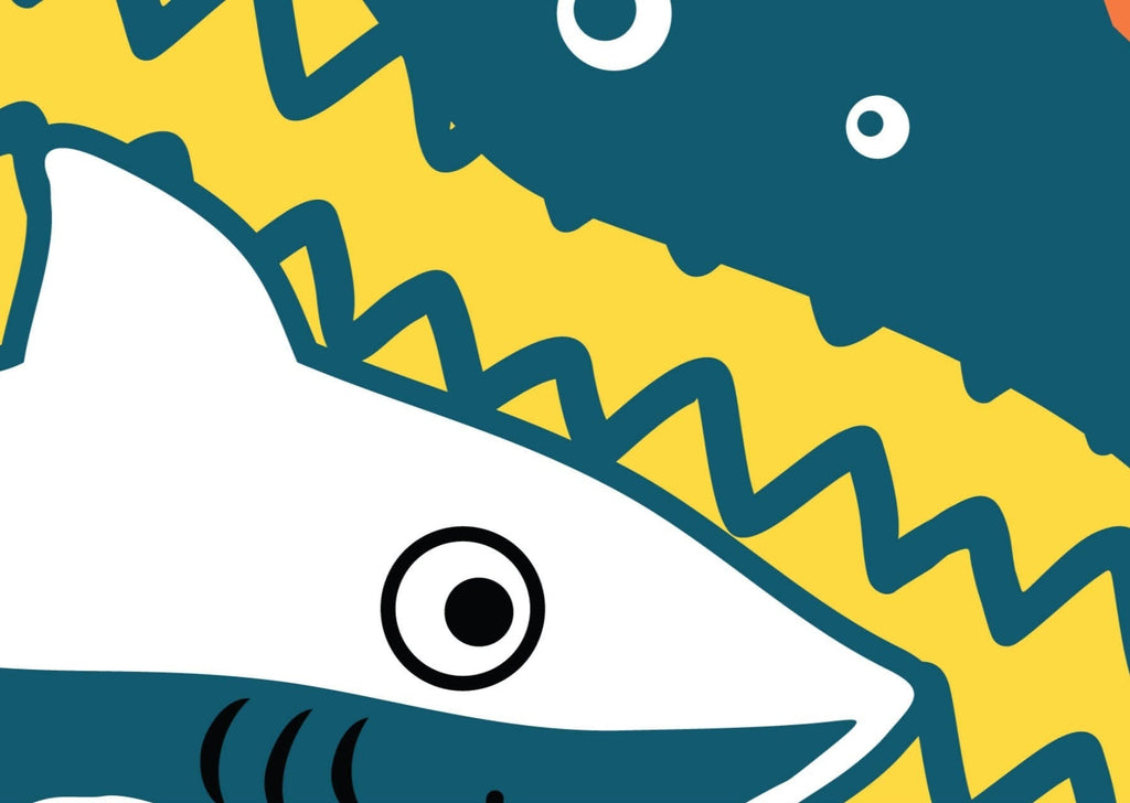 The Ocean Creatures Wallpaper Sample by Wall Funk UK beautifully captures the essence of vibrant color matching with its design featuring a cartoon shark with wide eyes amidst blue waves and a yellow zigzag pattern.