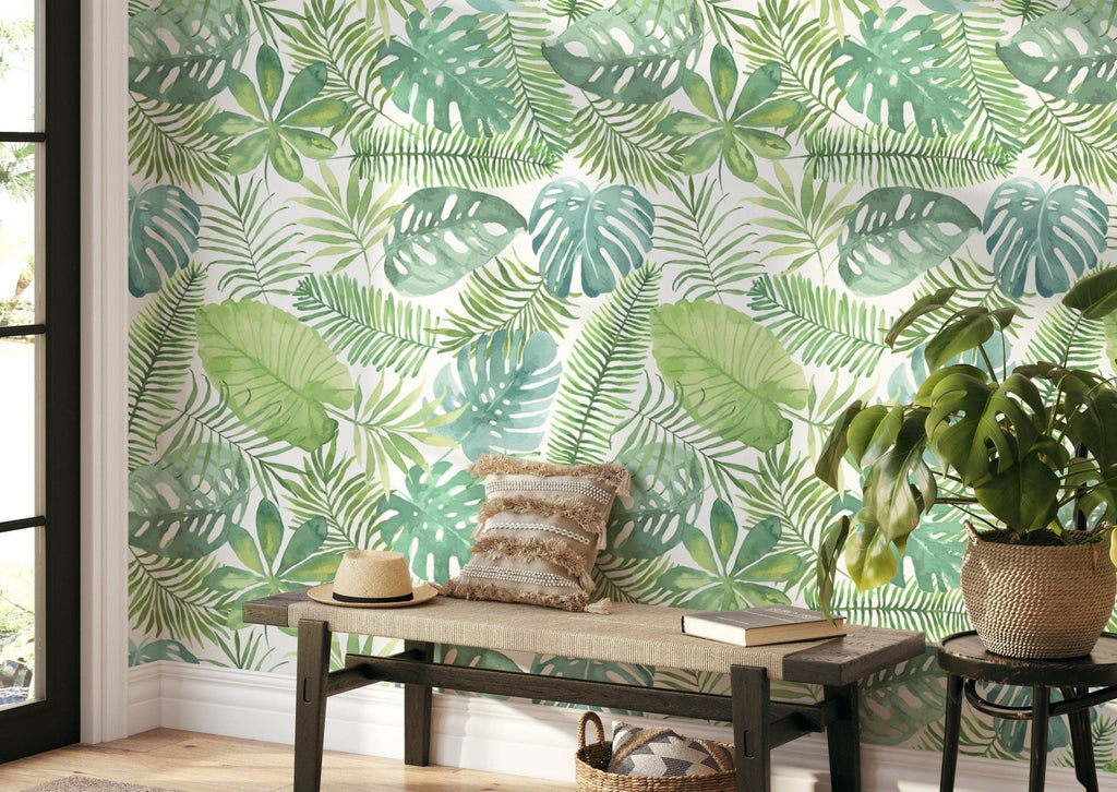 Monstera Leaves Tropical Wallpaper Sample - Wall Funk