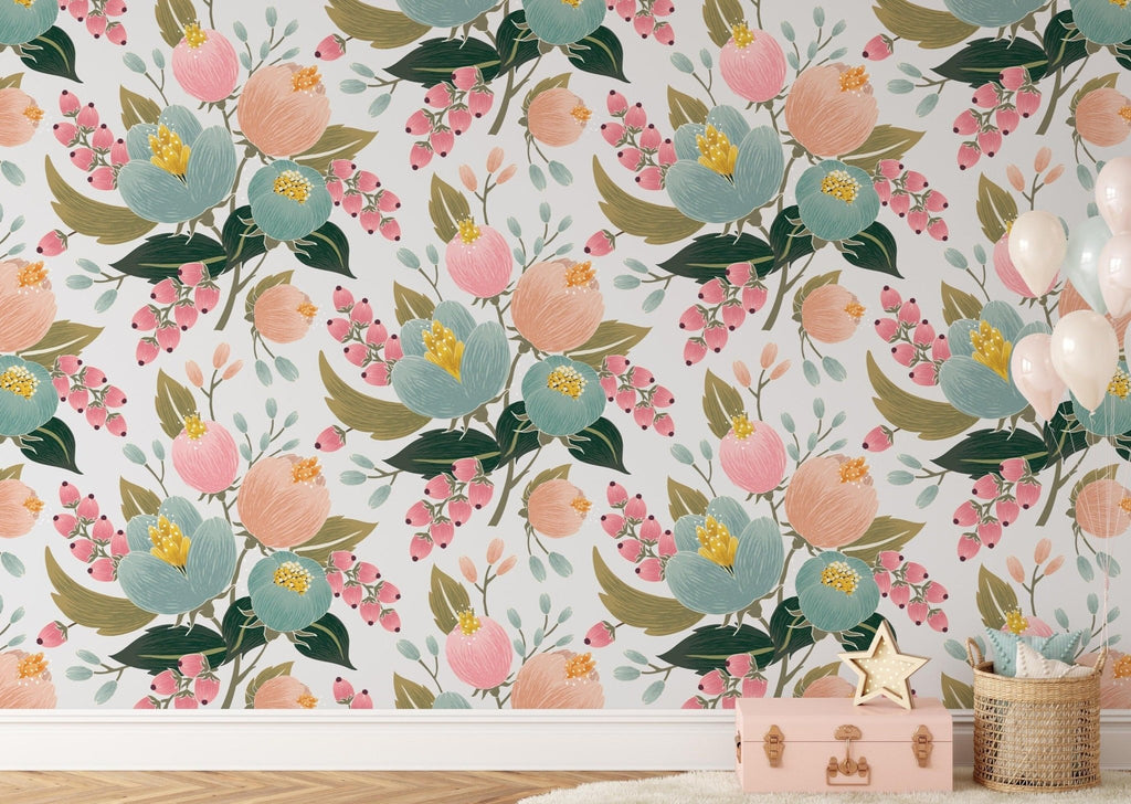 Peach & Blue Floral Wallpaper Sample - Wall Funk