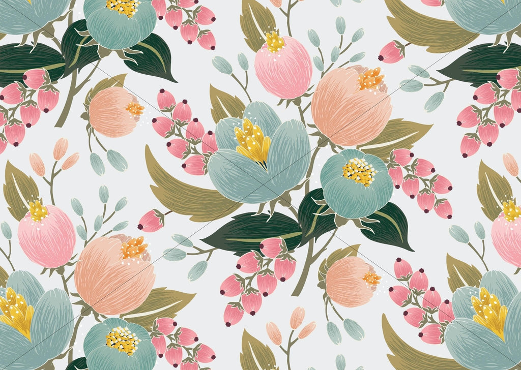 Peach & Blue Floral Wallpaper - Wall Funk