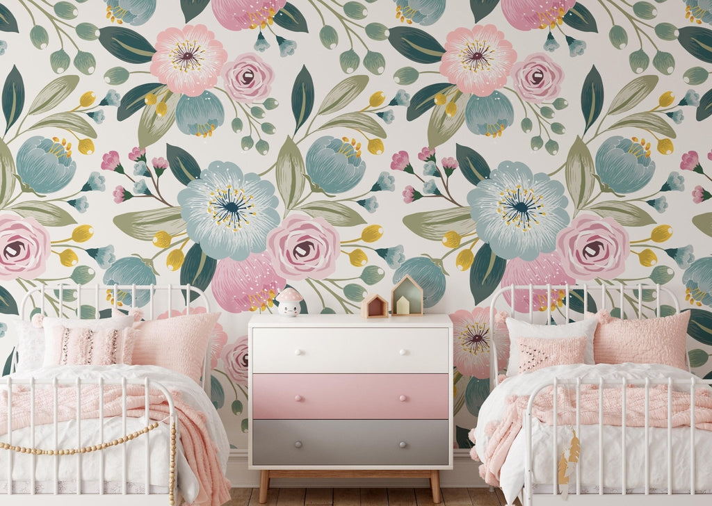 Pink & Blue Floral Wallpaper - Wall Funk