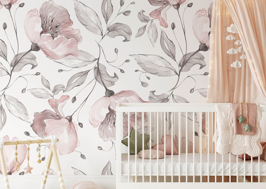 Pink & Grey Floral Wallpaper Sample - Wall Funk