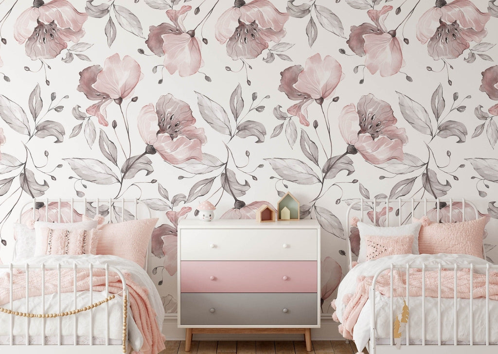 Pink & Grey Floral Wallpaper Sample - Wall Funk