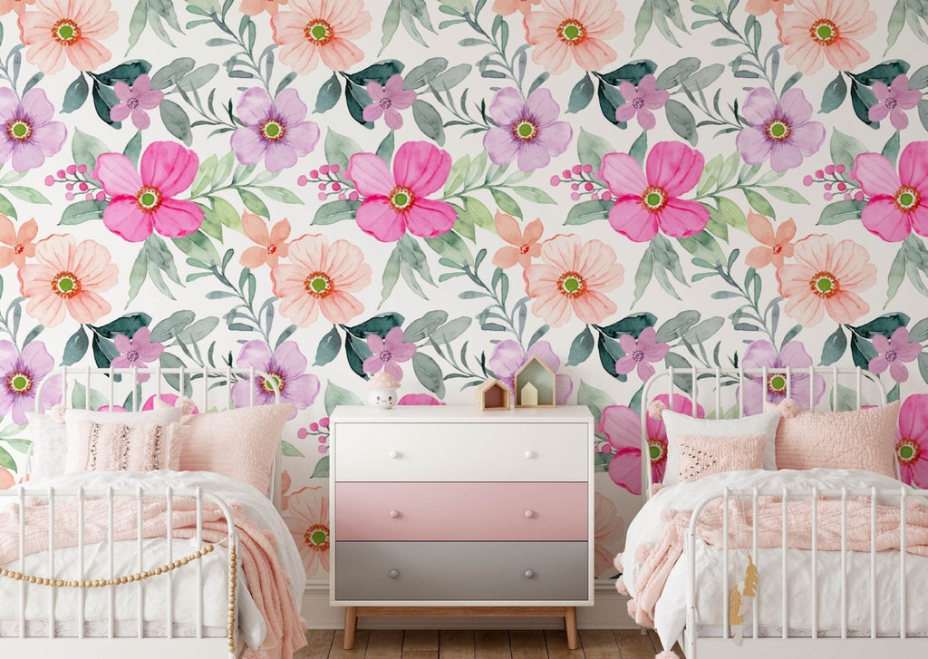 Pink & Peach Watercolour Floral Wallpaper Sample - Wall Funk