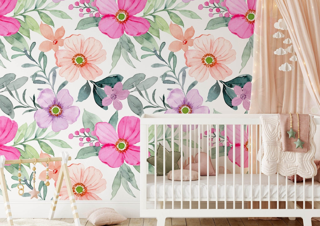 Pink & Peach Watercolour Floral Wallpaper - Wall Funk