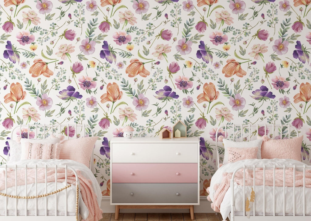 Purple, Peach, and Pink Floral Wallpaper Sample - Wall Funk