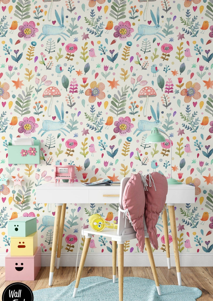 Rabbit & Flowers Wallpaper Sample - Wall Funk