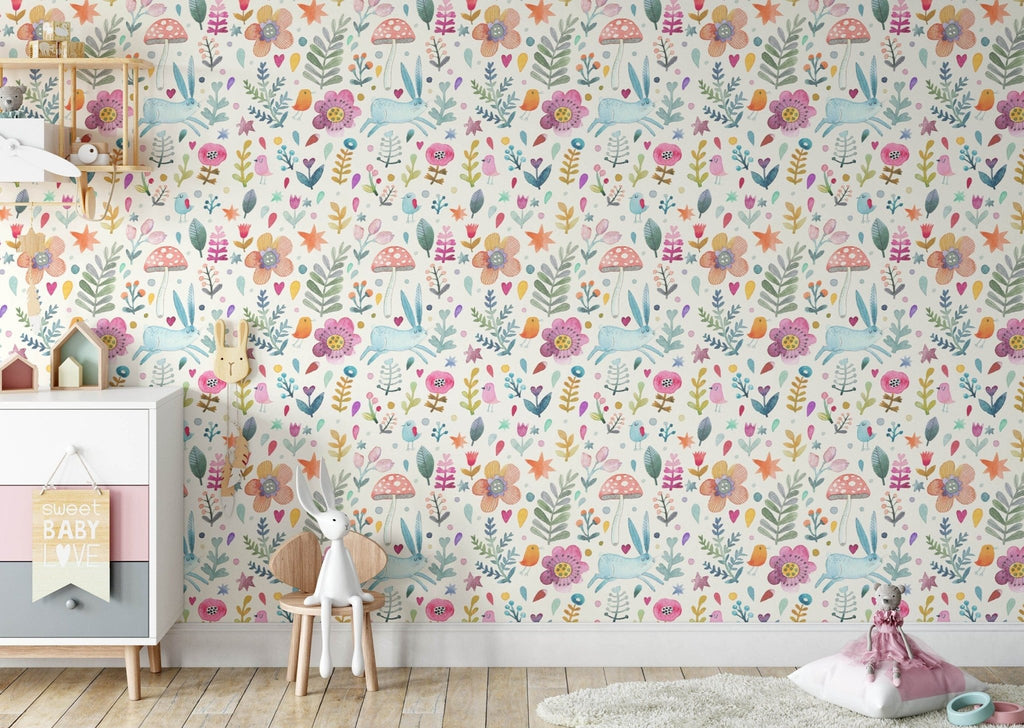 Rabbit & Flowers Wallpaper - Wall Funk