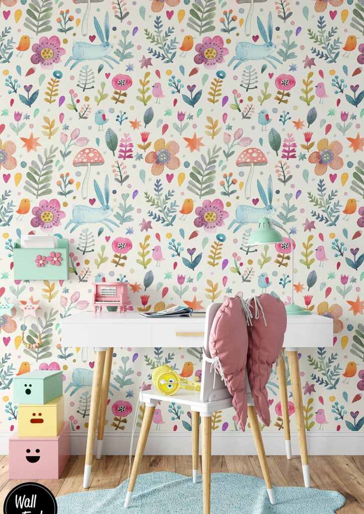 Rabbit & Flowers Wallpaper - Wall Funk
