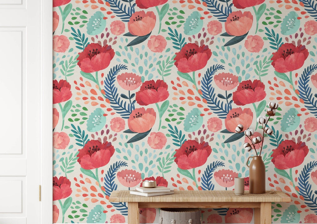 Red & Pink Flowers Watercolour Wallpaper Sample - Wall Funk