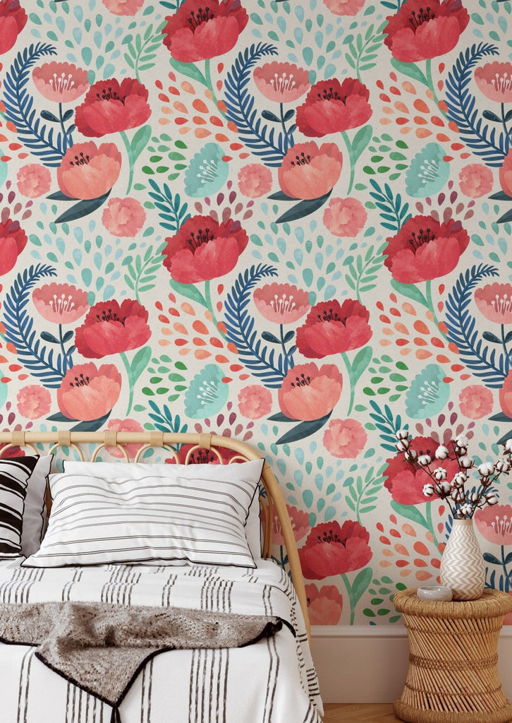 Red & Pink Flowers Watercolour Wallpaper - Wall Funk