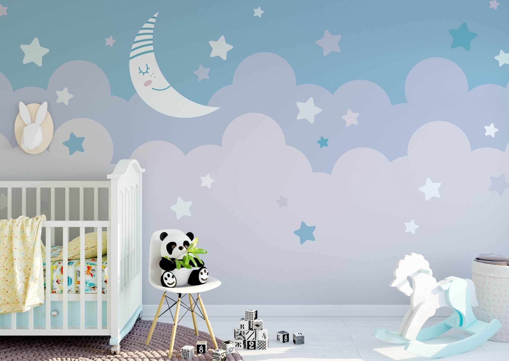 Children's Stars and Moon Baby Blue Pastel Wallpaper Mural – Wall Funk