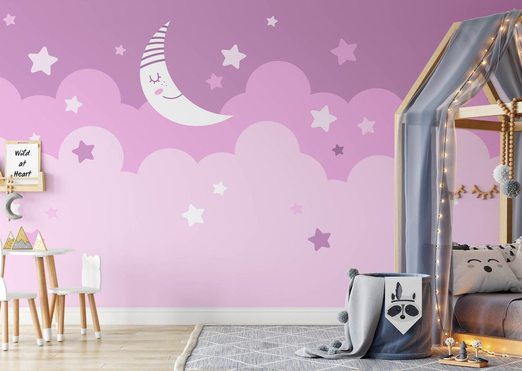 Stars and Moon Pink Mural - Wall Funk