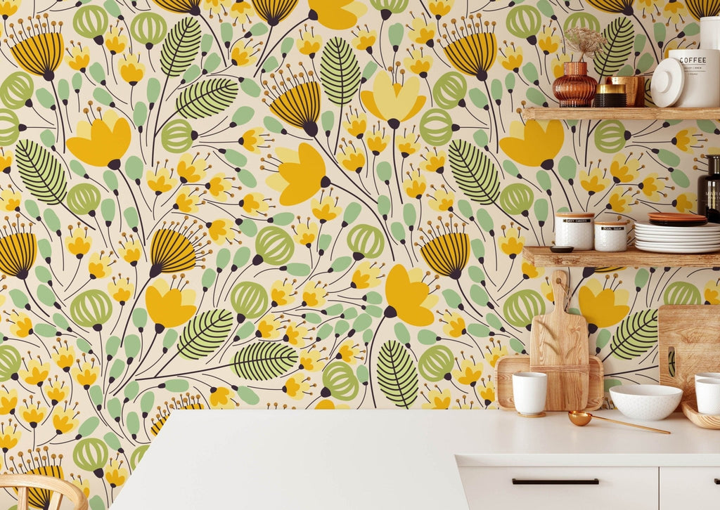 Vibrant Yellow Floral Wallpaper Sample - Wall Funk