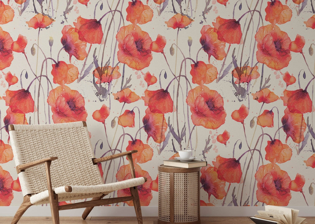 Watercolour Poppies Floral Wallpaper - Wall Funk