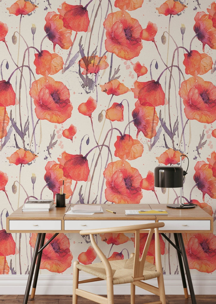 Watercolour Poppies Floral Wallpaper - Wall Funk